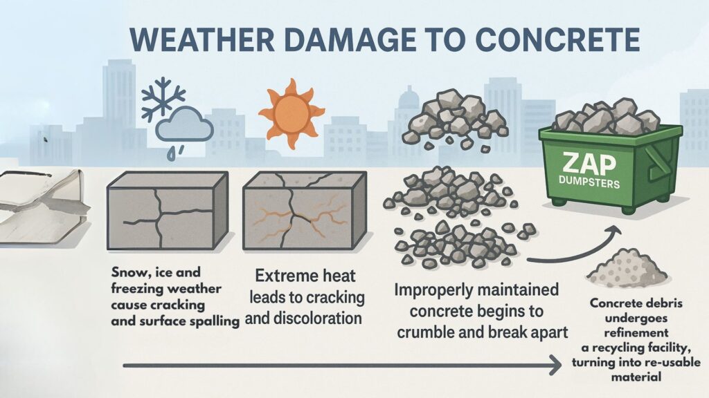an infographic showing the effects of temperature fluctuations via snow, ice and heat damaging concrete, followed by disposal in a Zap Dumpster and recycling for re-use