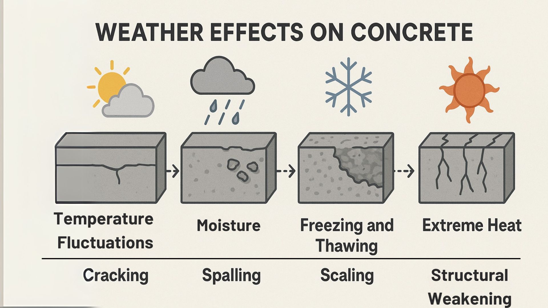 Can weather cause long-term damage to concrete?