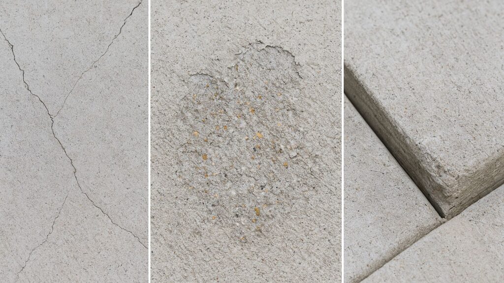concrete cracks, spalling and uneven edges lifting