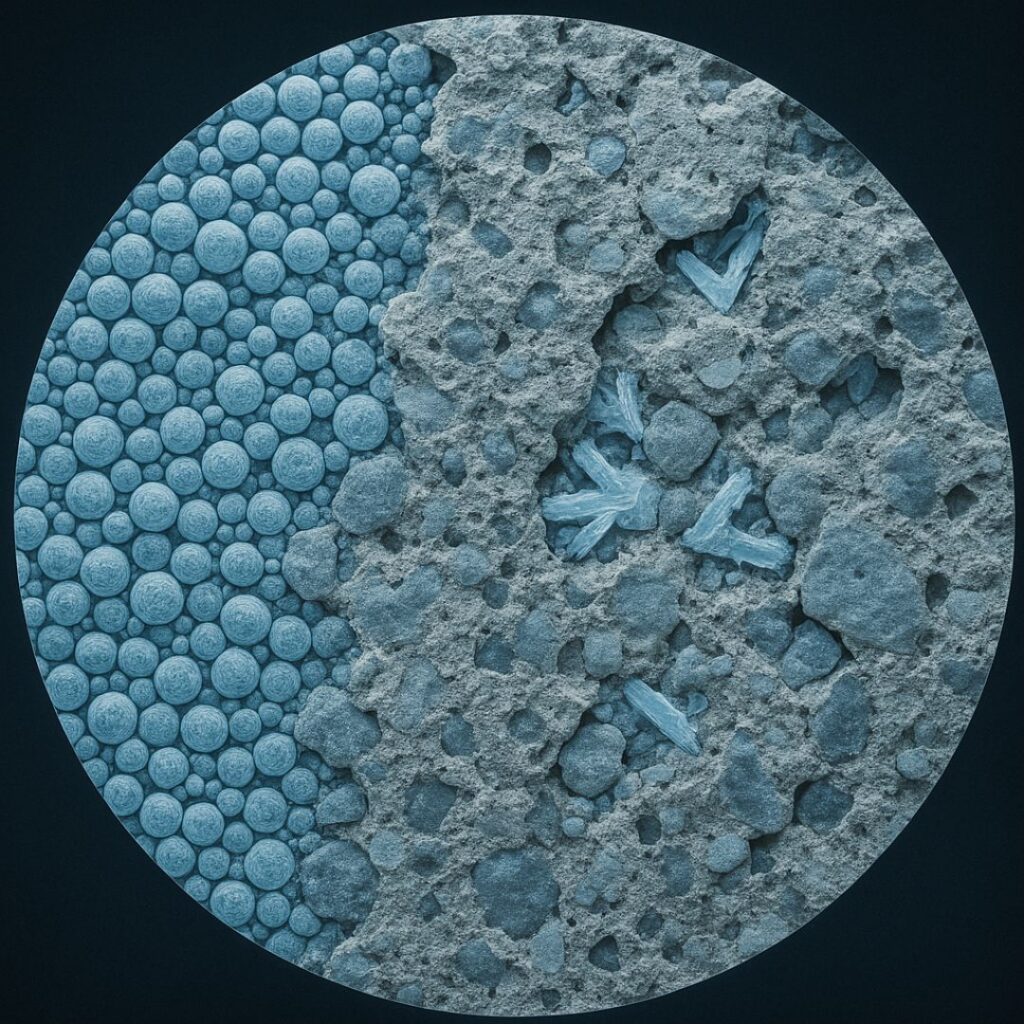 Microscopic cross-section view of concrete showing the effects of freeze-thaw cycles - visible tiny air bubbles (air entrainment) next to concrete pores with ice crystallization