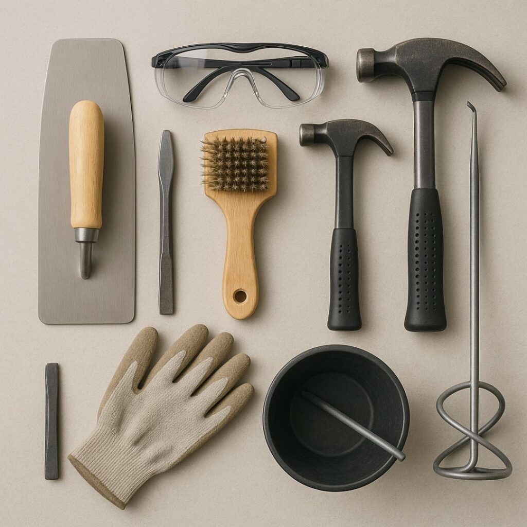 a range of concrete repair tools including chisels, trowel, wire brush, hammers, bucket and PPE
