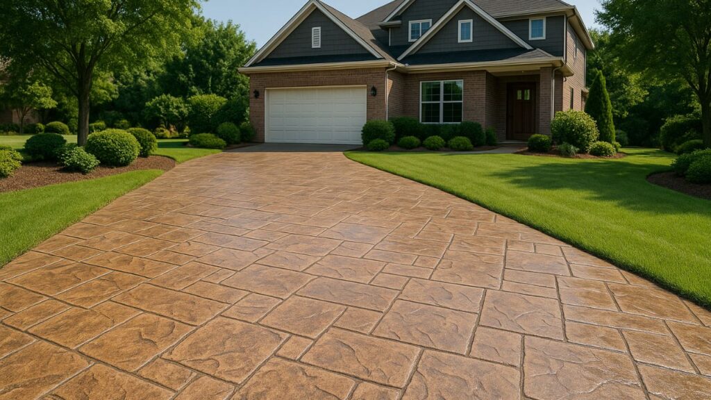 a beautiful stamped concrete driveway built to last stamped in the style of a mosaic stone pattern