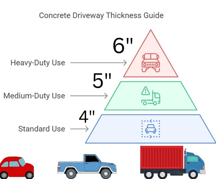 a graphic showing various vehicles in a hierarchy and the recommended concrete driveway thickness for each use