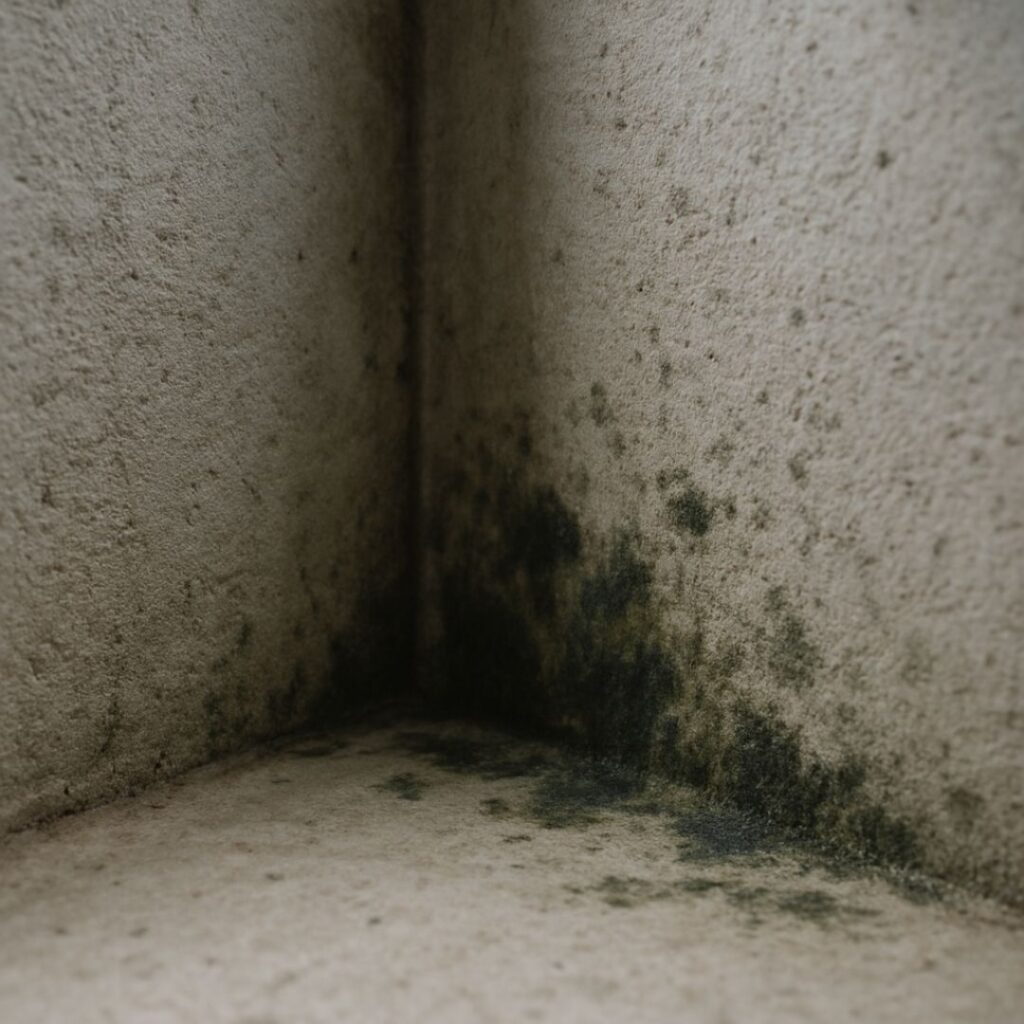 Identifying mold: Powdery looking Aspergillus mold which is typical in concrete basements like this one
