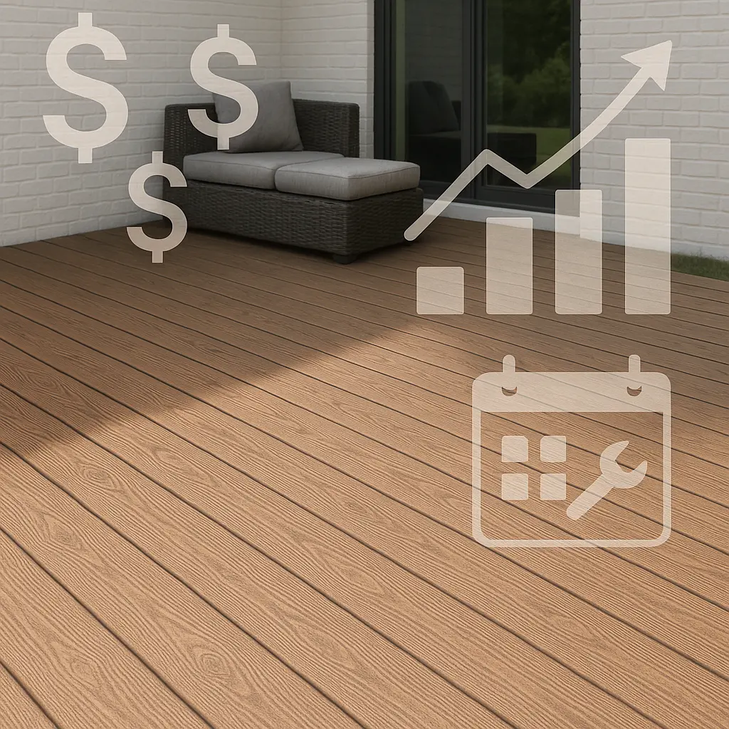 a patio scene with a couch sat upon wood plank stamped concrete whilst graphics are shown indicating ease of installation and maintenance alongside cost 