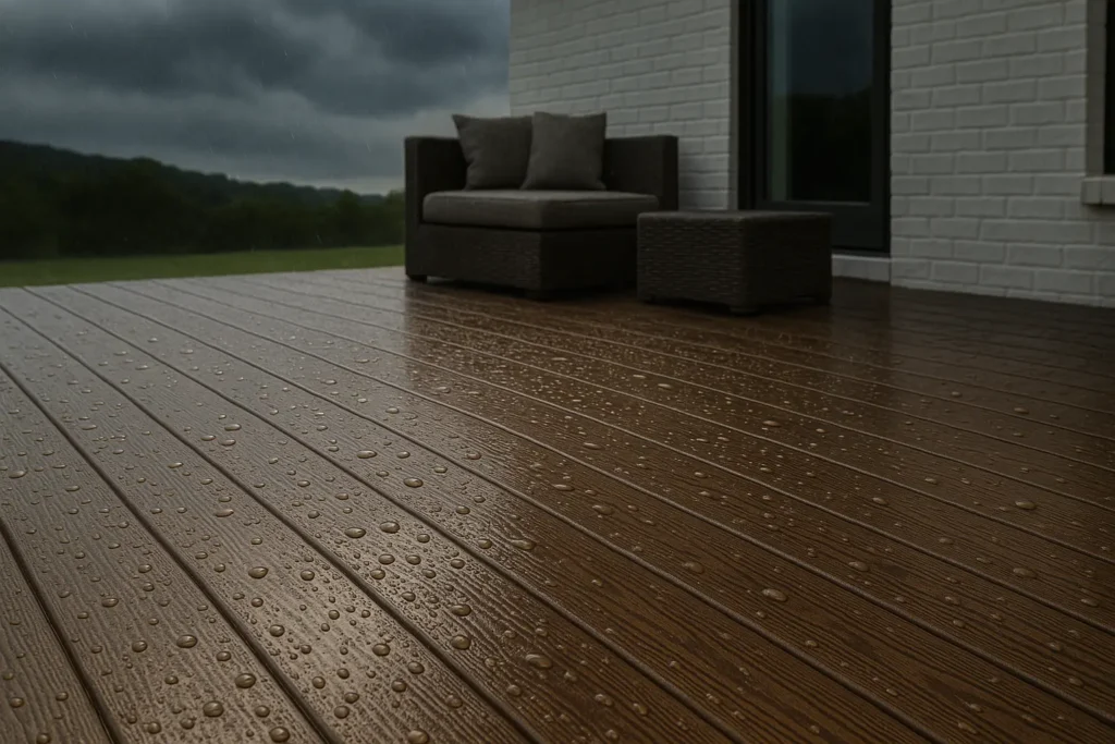  a gorgeous wood plank stamped concrete patio during a light Arkansas rainstorm, with water droplets beading on the textured surface showing its weather resistance. The stamped concrete displays incredibly realistic wood grain patterns and natural brown coloring that looks authentic even when wet. Atmospheric lighting with storm clouds in the background over Arkansas hills, while the concrete surface remains beautiful and functional. Water pooling naturally without damage, outdoor furniture nearby showing the practical benefits. Professional photography with shallow depth of field focusing on the water-resistant stamped concrete texture. Moody lighting that emphasizes durability and weather performance.