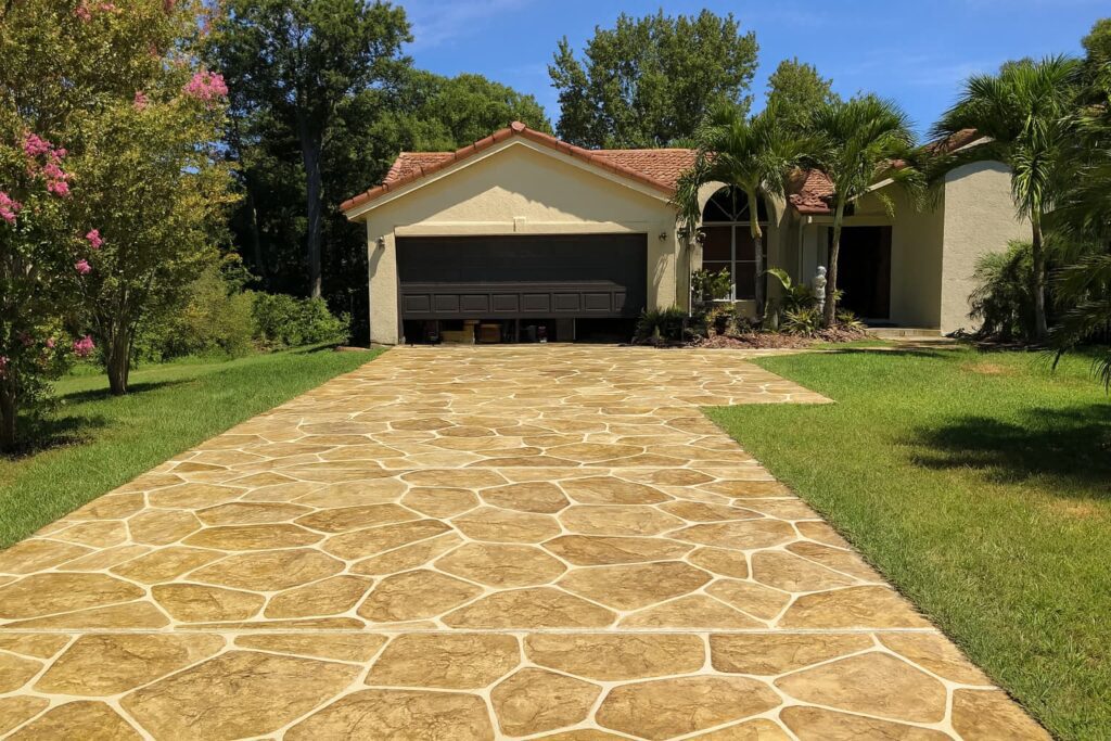 caramel color mosaic style stamped concrete driveway on an Arkansas residential property